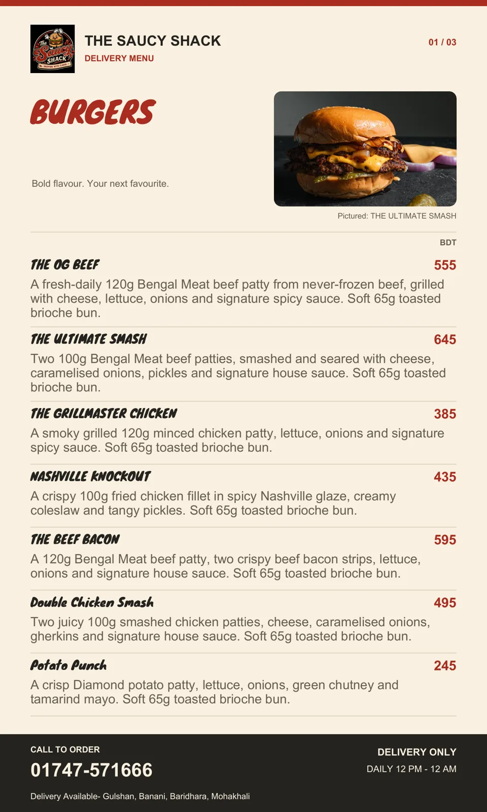 Mobile menu: burgers, The Saucy Shack
